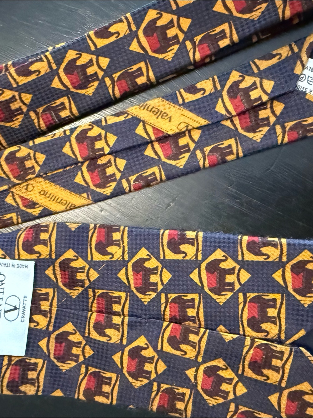 Valentino Navy Tie with Yellow and Red Elephant Motif